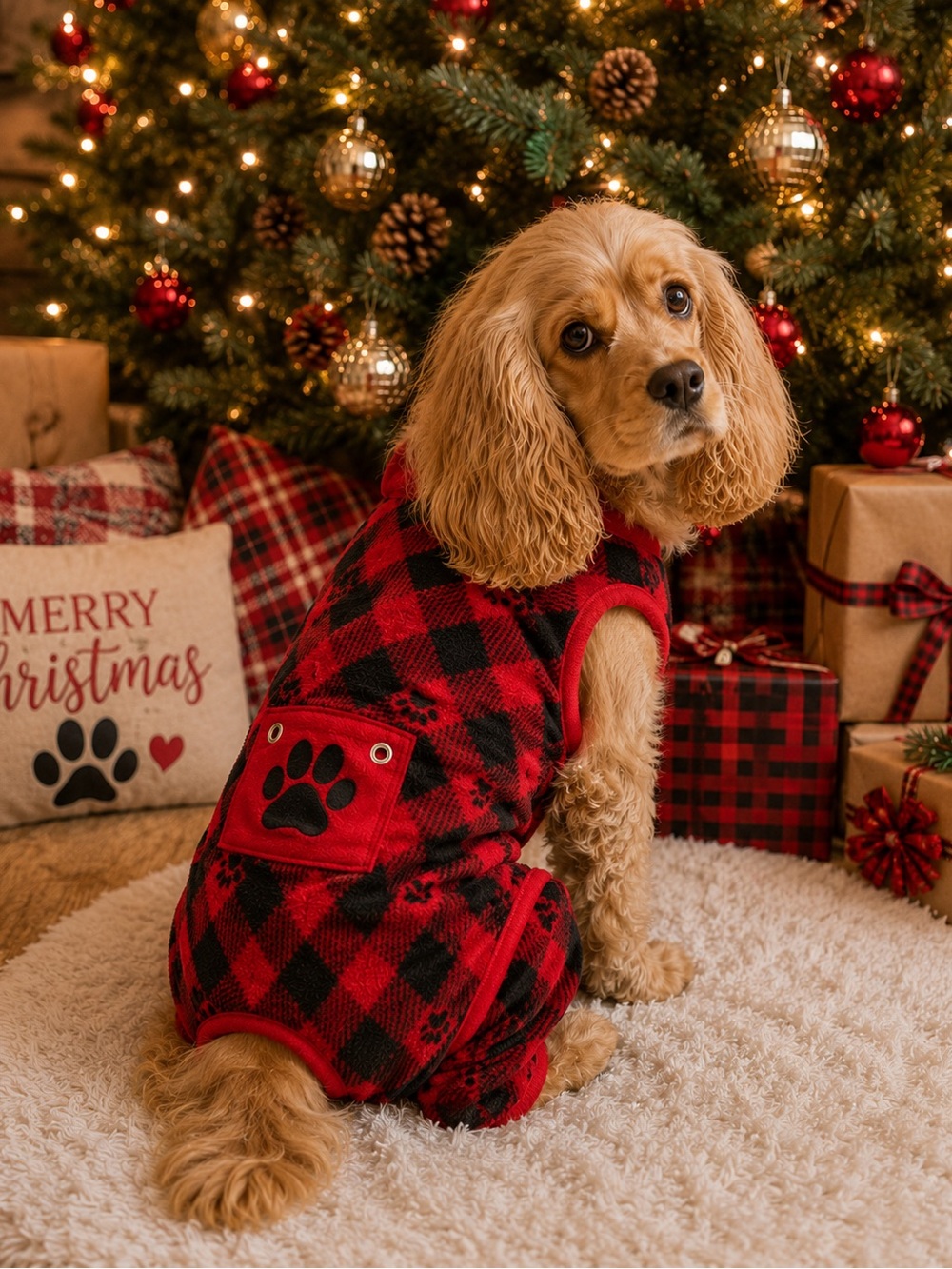 Plush Red Buffalo Check Dog Pajamas with Paw Pocket